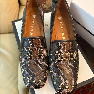Tory Burch Black and Brown Snake Print Loafers